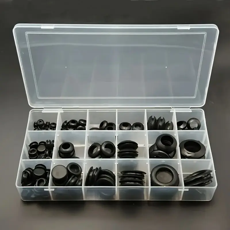 summerwins 125pcs Plastic Grommet Protectors - Double-Sided Black Retaining Rings with Organized Storage Box, Double-Sided Circular Gaskets for Car Electrical Wiring, Wire Management