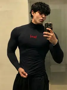 Men's Red Script Embroidered Turtleneck Compression Shirt: Gothic Muscle-Fit Base Layer for Gym & Street Style | Stretchy Fabric, High Neck Design, Punk Graphic | Must-Have for TikTok Fashion & Fitness Enthusiasts