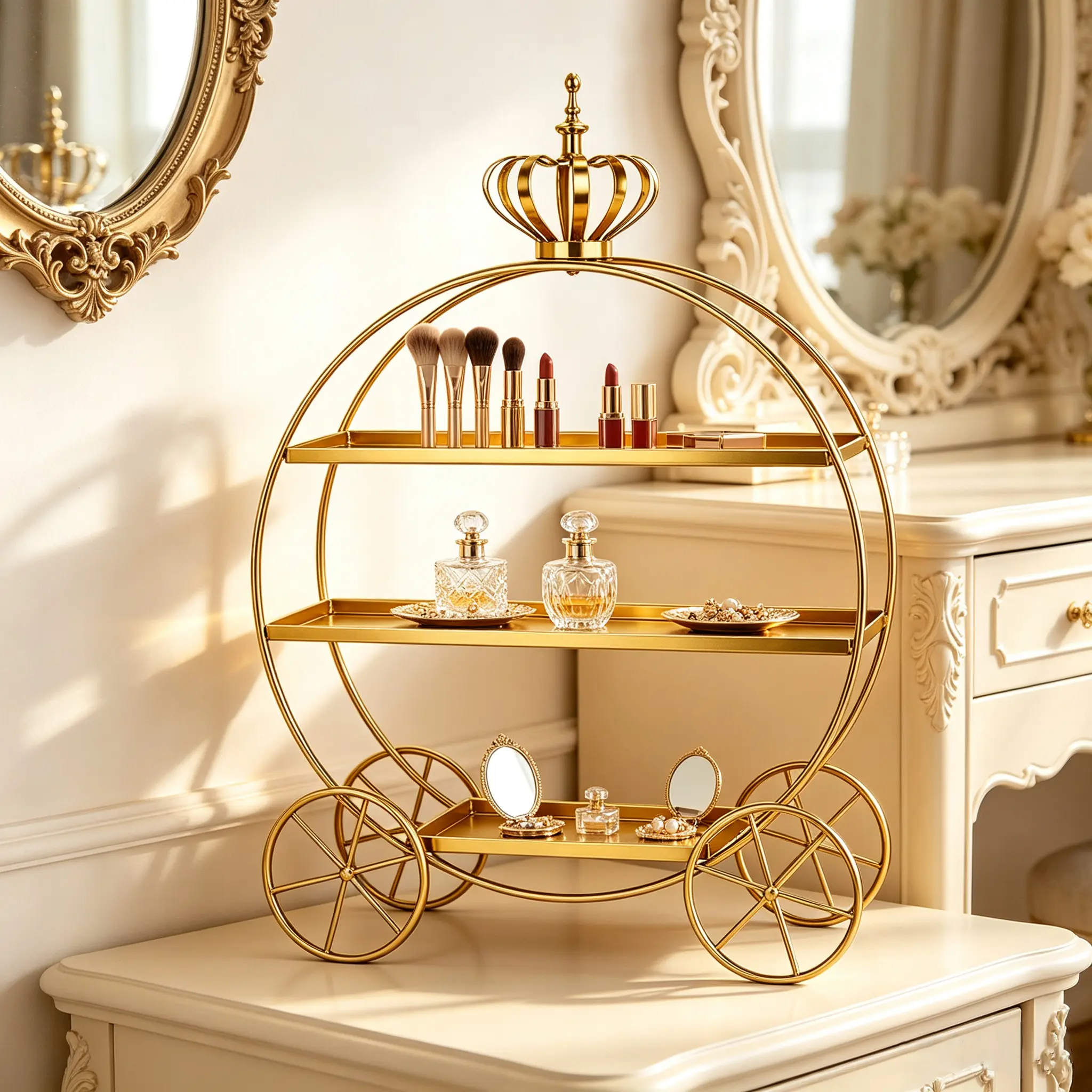 Luxury Gold Tone Crown Pumpkin Carriage Storage Rack with Wheel, Lightweight 3-Tier Vanity Cosmetic Organiser, Tabletop Decoration, Wedding Dessert Cupcake Holder
