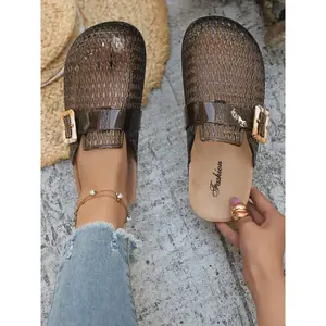 New Fashion Transparent Jelly Casual Half Slipper for Women, Slipper Sandals, Metal Buckle Woven Texture Thick Sole Breathable Mesh Cool Slippers