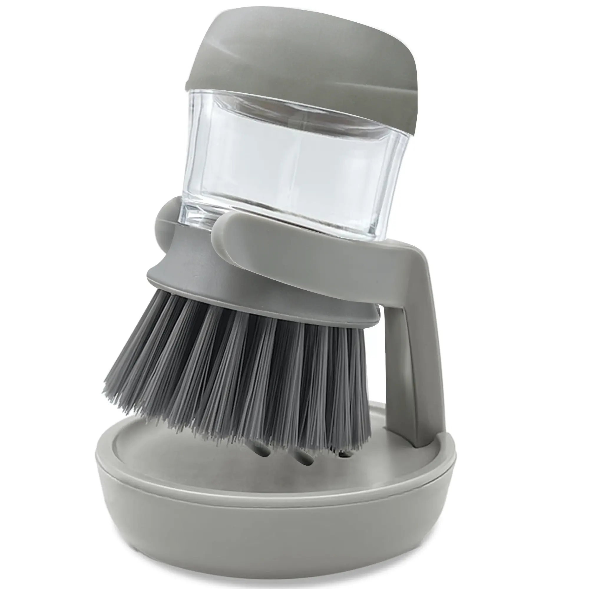 Multifunctional Kitchen Cleaning Brush | Transparent brush head + detachable liquid reservoir + drain base, press to dispense liquid, combining scrubbing, liquid storage, and storage.