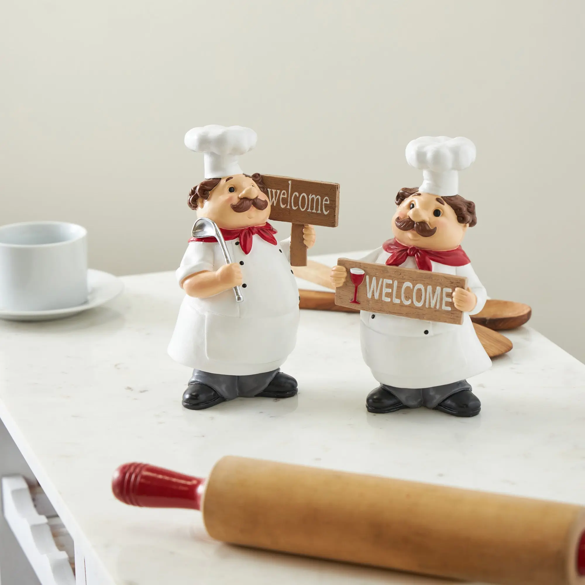 Set of 2 Chef White Polystone Kitchen Decorative Figurine Decorative Sculpture with Welcome Signs