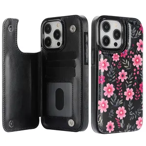 This magnetic flip phone case with pink floral design pattern leather card slot is suitable for iPhone 17/16/15/14/13/12 PRO PROMAX PLUS AIR.It's an ideal gift for friends, family, or couples, KBPK18