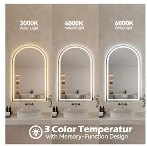 20"×28" LED bathroom mirror, anti-fog arched dressing mirror, dimmable, three-color light, memory function, tempered glass