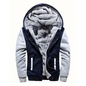 Men’s Warm Fleece Hooded Jacket, Autumn/Winter Casual Color-Block Coat, Warm Fleece