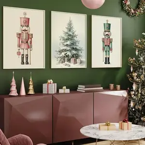 3pcs Wooden Frame Nutcracker Christmas Theme Soft Color Canvas Art, Modern Home Decor, Living Room Bedroom Kitchen Office Decoration, Cozy Winter Holiday Fairy Tale Wall Hanging
