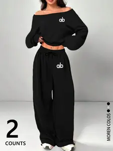 Women's Casual Loose One Shoulder Long Sleeve Top, Comfortable Sleepwear Set, Perfect for Daily Wear and Shopping