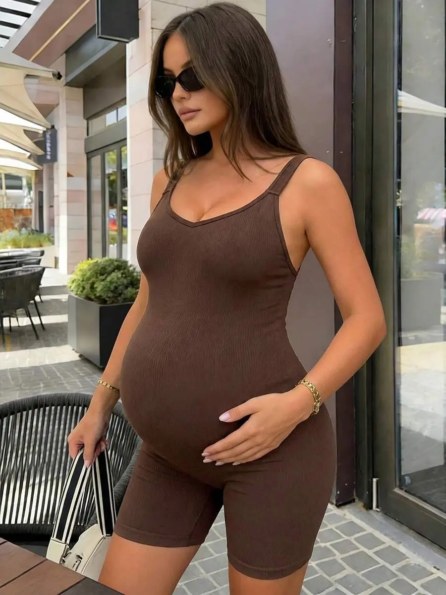 JOCASTAA Maternity Summer Solid Color Minimalist Stretchy Breathable Criss-Cross Back Sports Romper