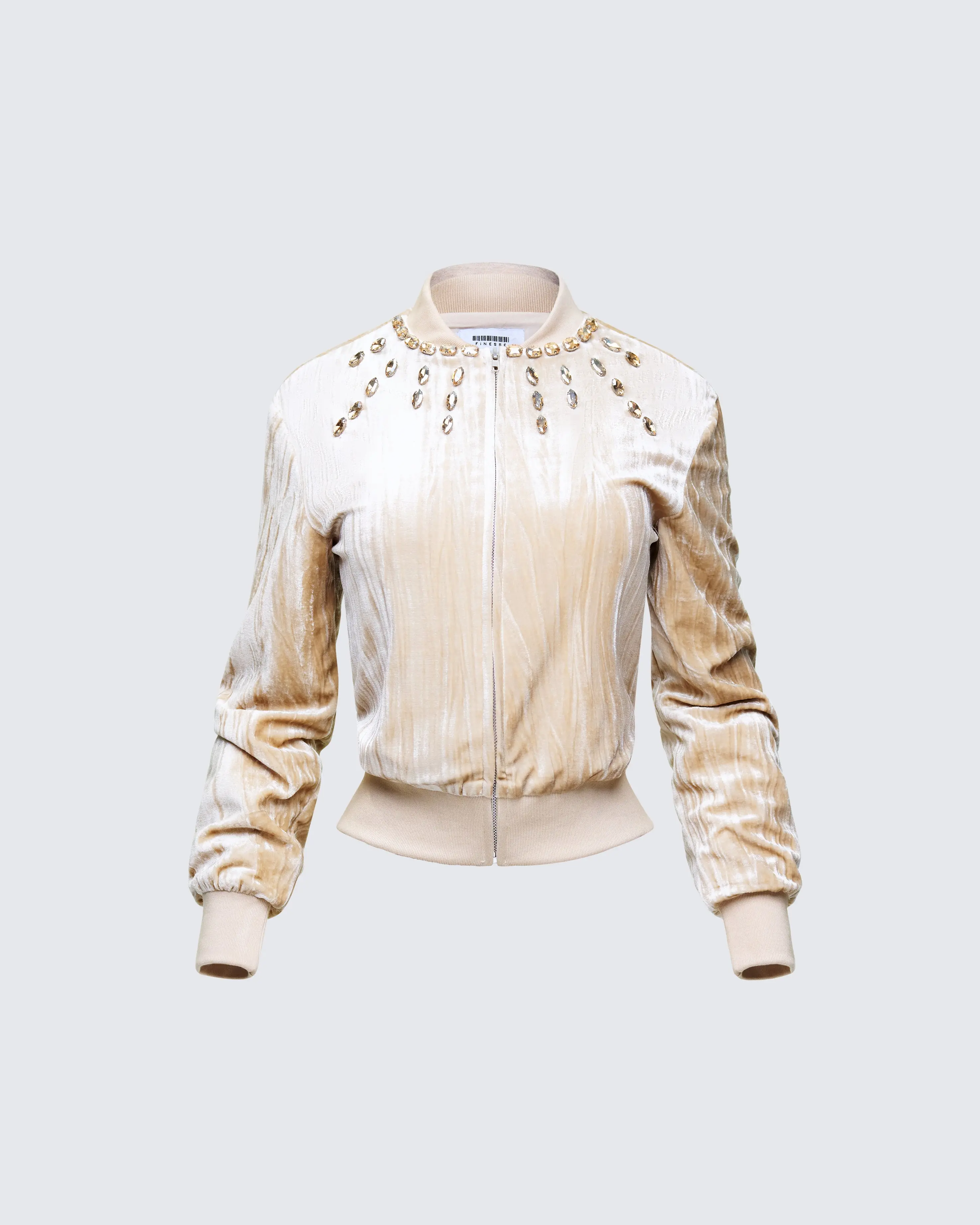 Women's Cropped Bomber Jacket in Soft Velour, a Fitted Full-Zip Loungewear Top with Gem Embellished Collar