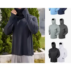 Men's UPF 50+ Hooded Solid Color Sun Protection FishingShirts with Face Mask -Long Sleeve UV Protection HoodieWorkwear with Neck Gaiter for Qutdoor ActivitiesConstruction,Work-Lightweight, Moisture-Wicking,Breathable, Quick-Dry, Dust Proof Dry Fit Active