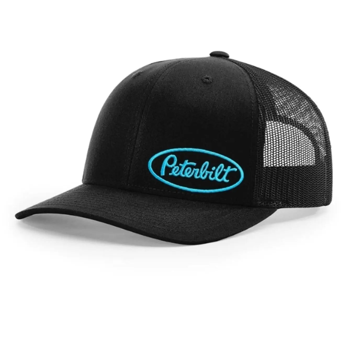 Peterbilt Oval Logo Embroidered Trucker Hat, Neon Blue Stitching Black Mesh Cap, Men's Semi Truck Driver Snapback, Classic Big Rig Diesel Apparel, Automotive Mechanic Headwear, Retro Trucking Accessories, Classic Country Hat