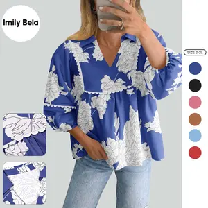Imily Bela Women's Floral Peplum Babydoll Blouse, 3/4 Puff Sleeves, Pleated, V-Neck, Loose Fit, Flowy Boho Chic Elegant Clothes, Cute Casual Women's Top