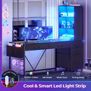 SEDETA 47.2 Inch Reversible Gaming Desk with LED Lights Drawer Storage Bookshelf for Small Spaces Organization Interior