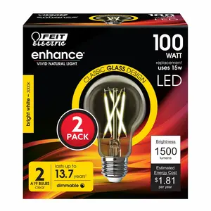 Feit Electric 100 Watt Replacement Bright White 3000K A19 E26 Dimmable LED Light Bulb 2 Pack