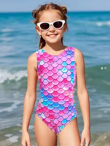 Girls Hollow Out One-Piece Swimsuit, Fish Scale Print Swimwear, Kids Fashion Bathing Suit, Perfect for Beach and Pool Parties Wear