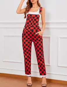ODEFOU Lady's Strap Fitted Plaid Sleeveless Bib Overalls - Stretch Straight Pants Jumpsuit Clothes, All-Season Fashion Coveralls for Halloween, Fall Outfits