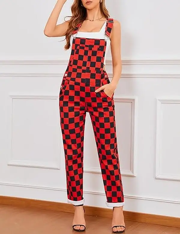 ODEFOU Women's Fitted Plaid Sleeveless Stretch Straight Leg Bib Overalls, Fall Outfits Jumpsuit, Jumpsuits For Women, Checkered Plaid, Denim Fabric