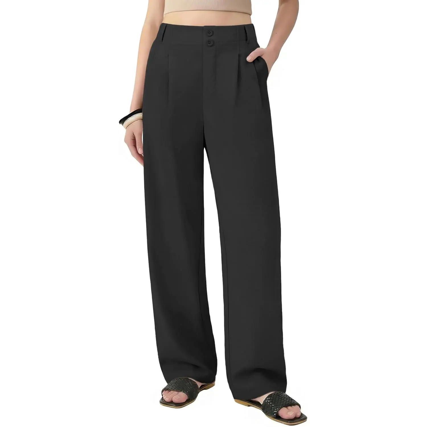 Women's High-Waisted Multi-Way Wear Wide Leg Pleated Pants - Lady's Bottom Clothes with Pockets, Casual Business Work Palazzo Dressy Slacks