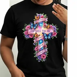 Women's Christian Bible Verse T-Shirt - Floral Butterfly Cross Print with "God Says You Are Loved" & "Especially Beautiful" Short Sleeve Round Neck Top, Breathable Comfortable Pullover Suitable for Church, Prayer, Casual Attire, Spring/Autumn Outfits