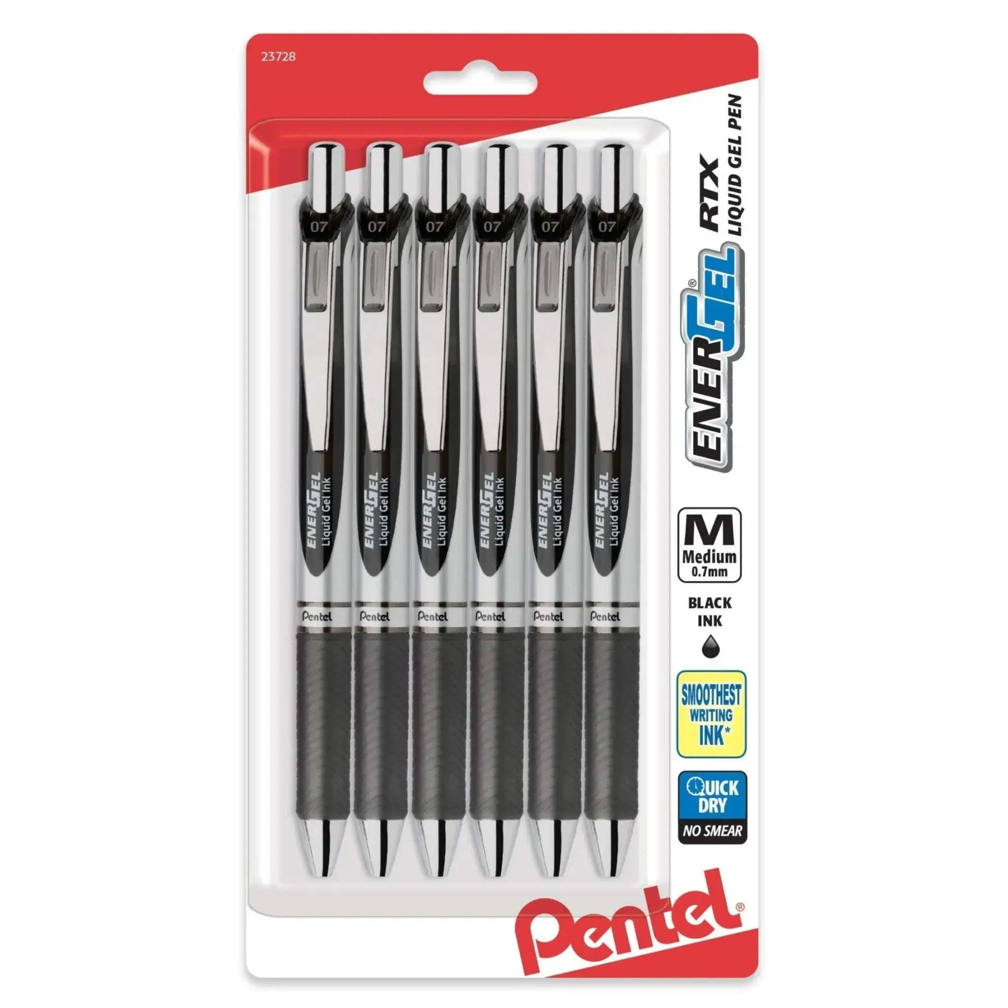 EnerGel RTX Refillable Gel Pen - Retractable 0.7mm Metal Tip, Black Ink, 6-Pk, 54% Recycled Plastic, Eco-Friendly, Fast-Drying, No Smudges, Precise Lines, Latex-Free Comfortable Grip (Office Stationery Writing Tool)