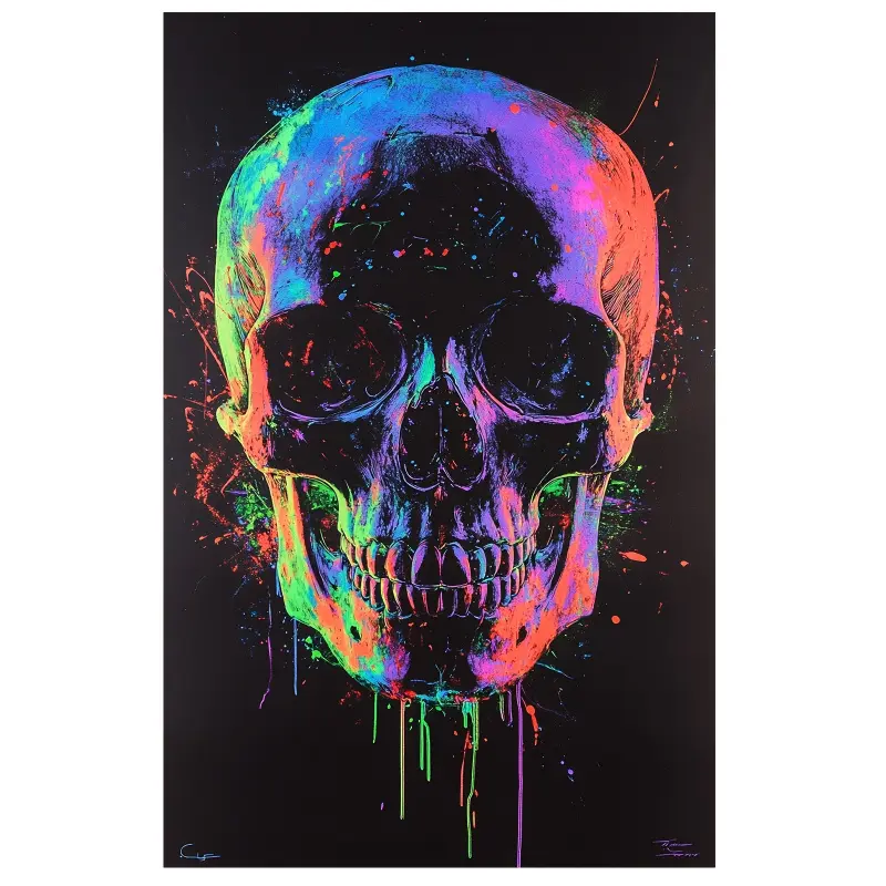 Black Light Reactive Splash Skull Canvas Wall Art - Neon Glow Poster with UV/UVB/Fluorescent Colors - Modern Gothic Decoration Suitable for Home, Bars, Offices - Wooden Frame Poster - Suitable for Parties and Nightlife Venues - Vibrant Black and Neon Pink