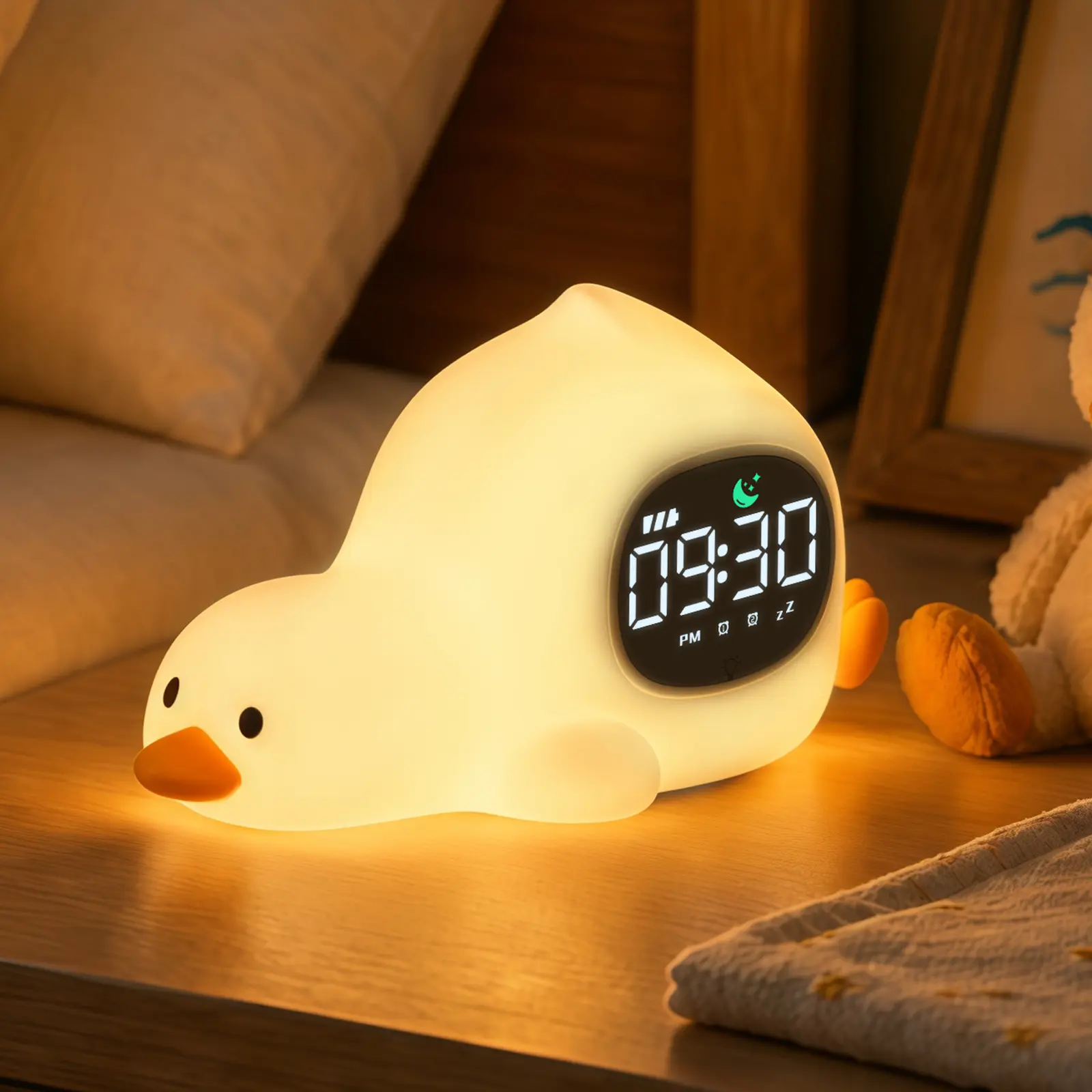 Lying Duck Kids' Sleep Trainer Alarm Clock - 7-Color Silicone Night Light, 6 White Noise Options, Dual Alarms, Snooze, Rechargeable Toddler Bedroom Bedside Clock, Ideal Birthday & Holiday Gift，kids alarm clock, silicone night light，bedside lamp clock