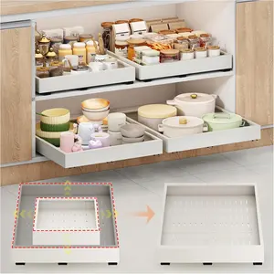 2Pc Pull out Cabinet Organizer,Wide(14"-21") and Deep(17"-24") Expandable,Cabinet Roll out Drawers,No Drill Adjustable Slide out Drawers for Kitchen,Peel and Stick Pantry Pull out Shelves White Large