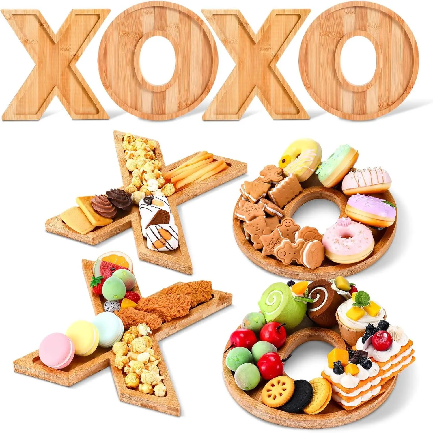 4-Piece Thick Wooden XOXO Shaped Fillable Charcuterie Board Set, Bamboo Serving Platters for Valentine's Day, Birthday Party Decor & Snack, Cake, Candy Display Trays, Cheese
