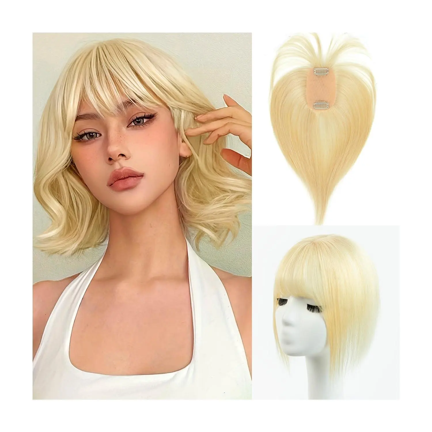 Real Human Hair Topper for Women, 3D Side Bangs Clip In Hairpiece for Thinning Hair, Natural-Looking Hair Coverage, Secure Clips, 5×9cm Base, Multiple Lengths and Colors for Everyday Wear, Parties and Weddings