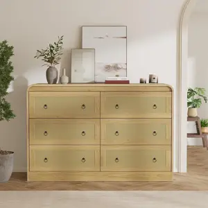6 Drawer Rattan Dresser with Rounded Corners, 46" Wide Modern Wooden Storage Cabinet for Bedroom Living Room