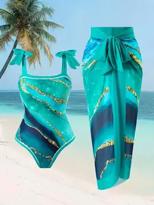 2026 Women's Two Piece Bikini Set Tie Shoulder Gold Foil Gradient One Piece Swimsuit + Matching Cover Up Set | Plus Size Tummy Control Luxury Beach Swimwear