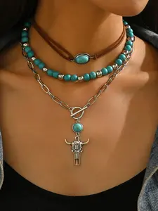 Western Cowboy Necklace Set for Women – Vintage Bull Head Turquoise Pendant with Velvet Choker & Rope Chain Collarbone Necklace, Boho Southwestern Layered Jewelry for Halloween Thanksgiving Christmas New Year Party