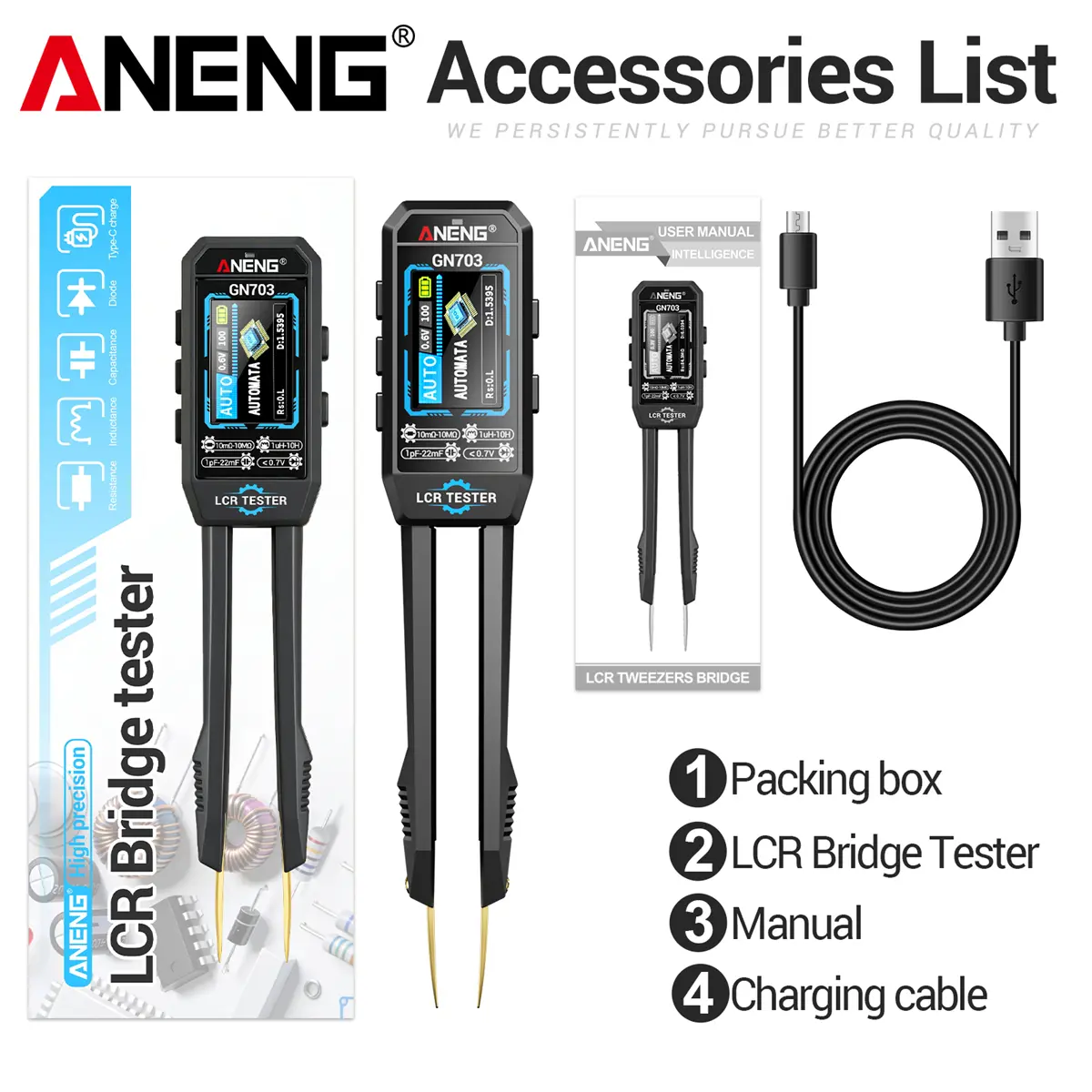 ANENG GN703 LCR Tweezers - 100Hz High Accuracy LCR Bridge Tester for Electronics Repair, Measures Resistance, Capacitance, Inductance, Diode & Continuity, Auto-Recognition Tool for Advanced DIY Enthusiasts, Field Service