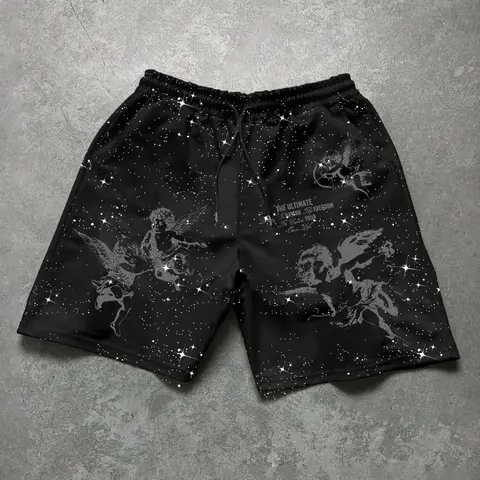 Men's Loose-Fitting Shorts, Shorts with Pocket, Elastic Waist Drawstring Design, Side Pockets, Angel Pattern, Activewear Shorts, athletic casual shorts, Casual Sportswear, Perfect Gift for Boyfriend
