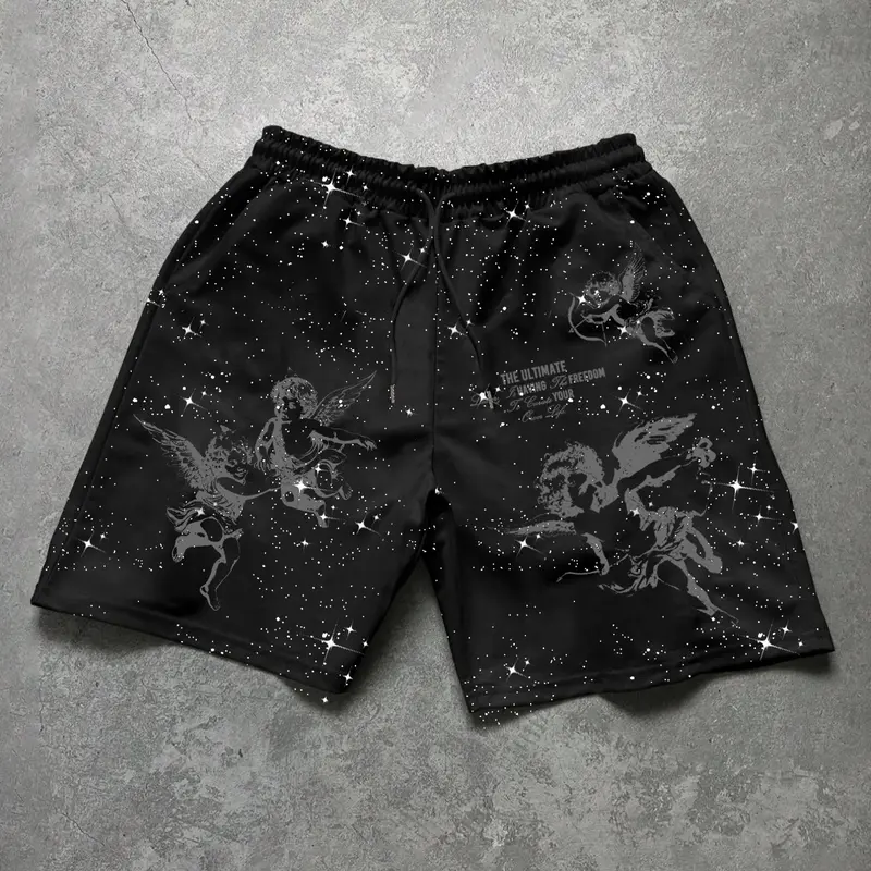 Men's Loose-Fitting Shorts, Shorts with Pocket, Elastic Waist Drawstring Design, Side Pockets, Angel Pattern, Activewear Shorts, athletic casual shorts, Casual Sportswear, Perfect Gift for Boyfriend