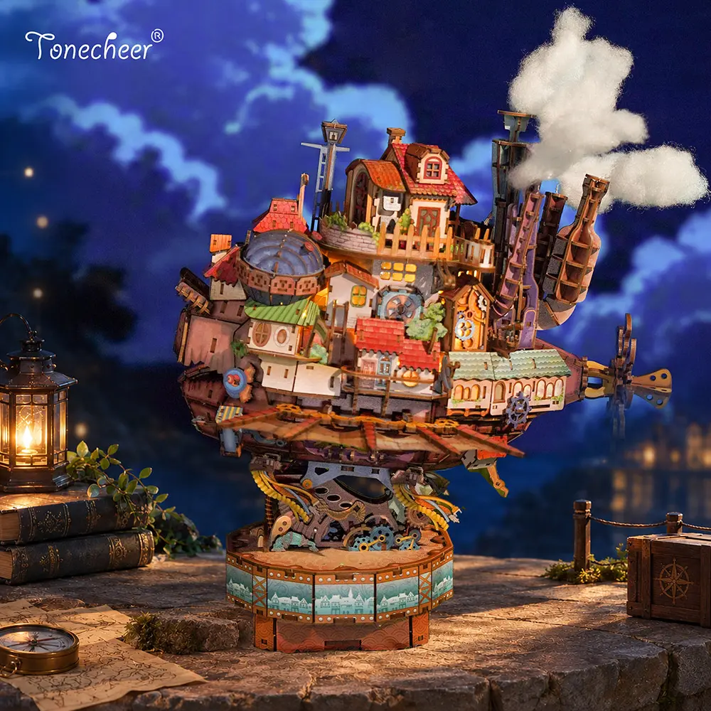 TONECHEER Whimsical DIY 3D Puzzle Transmission Model Kit - Walking Castle, 13+ Ages, 20 Warm LED Bulbs, Built-in Music Box, Touch Control, Detachable House, Collectible Display, Type-C, No Glue Included, High-Quality Safe Environment-Friendly, 3D Pieces,f