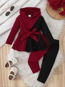 Colorblock Hooded Knit Set, Baby Girl Clothes, Fashionable Cute Design with Bow Decor, Warm Comfortable, Ideal for Daily Wear and Outdoor Play