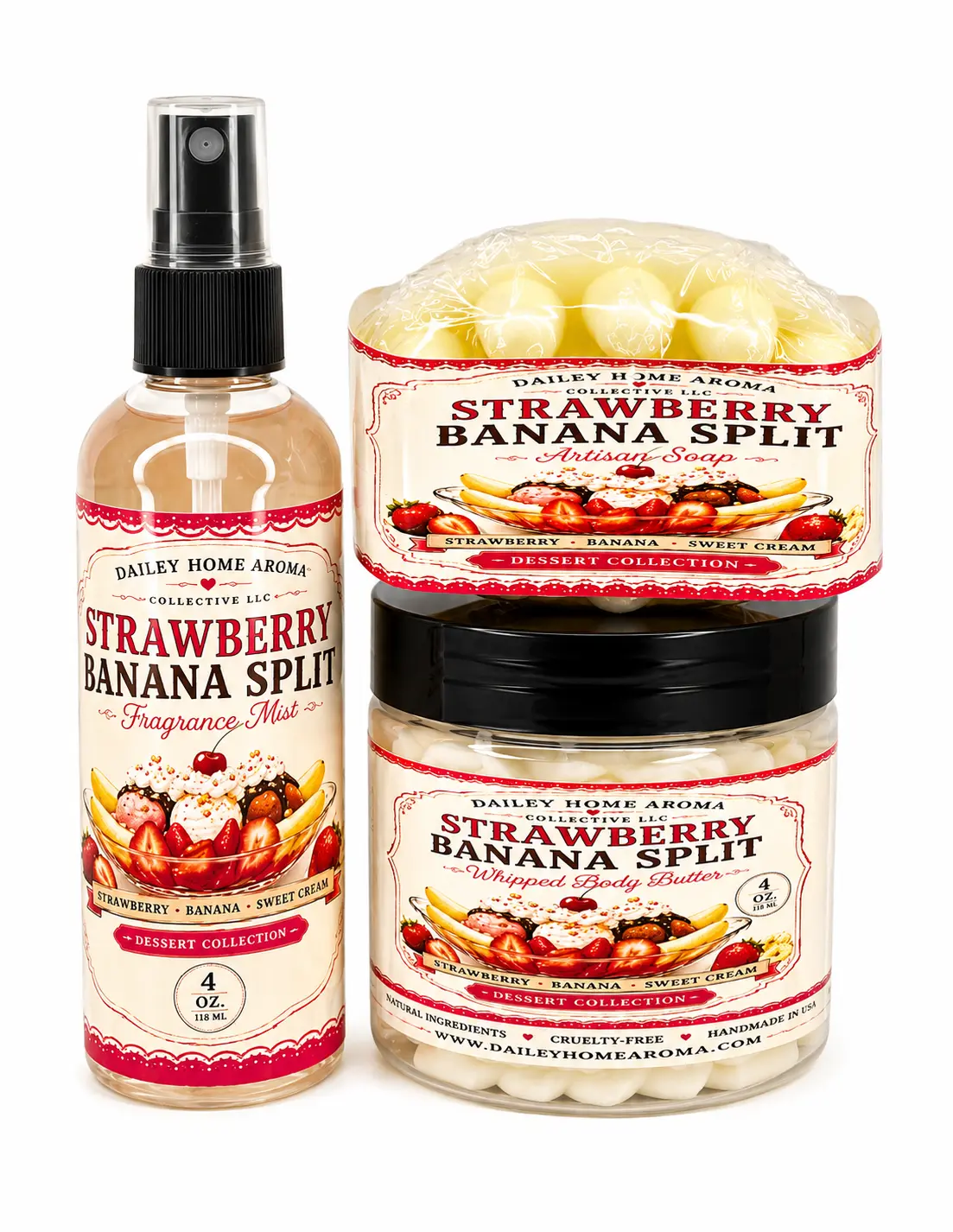 Strawberry Banana Split Body Care Ritual Set  4 oz Fragrance Mist, 4 oz Whipped Body Butter & 5 oz Artisan Soap Gift Set