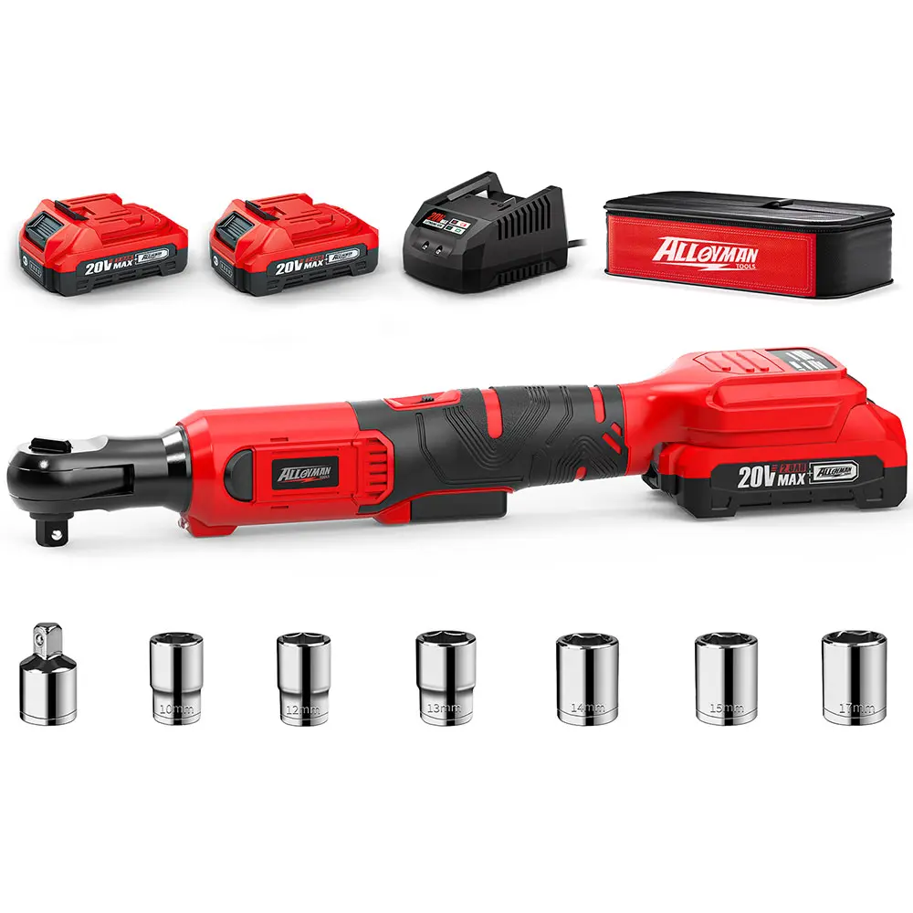 Alloyman 3/8" Cordless Ratchet Wrench Set, 60FT-LBS(80N.m) Electric Ratchet, 2 X 20V Chargeable Power Ratchet Wrench with Variable Speed, LED Light, 6 Sockets, 1/4" Adapter, 3" Extension Rod, Gifts for Perfect Christmas and New Year Idea