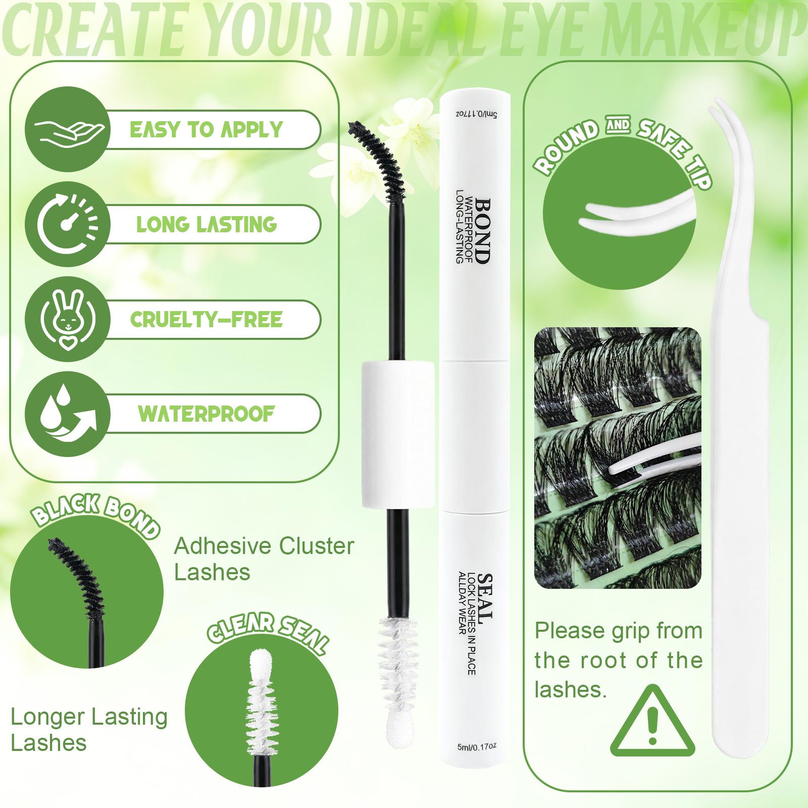 Lash Clusters DIY Eyelash Extensions 144 Clusters Lashes D Curl Natural Individual Lash Extensions with Waterproof Strong Hold Bond&Seal, Remover, Tweezers Mixed Tray False Eyelashes Soft & Strong Thin Band DIY at Home (10-18mm) Makeup Cosmetic