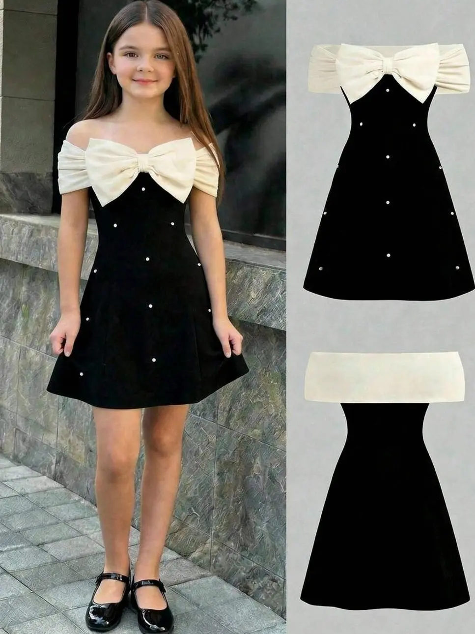Tween Girl Black and White Elegant Party Mini Dress, Bow Shoulder Cutout Beaded Vest Dress for Wedding and Bridesmaid