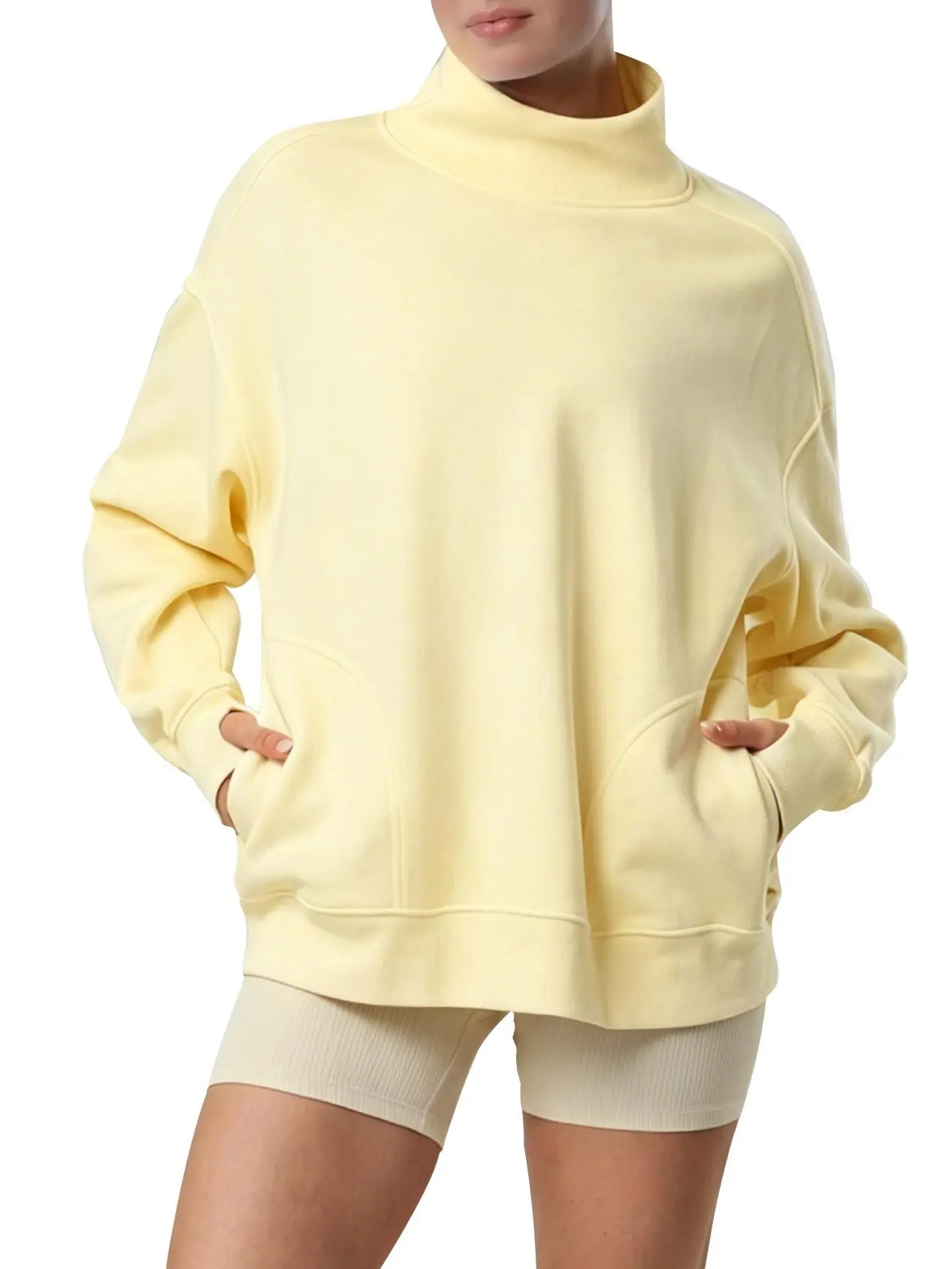 Wyeysyt Women's Mock Neck Sweatshirt Oversized Cloud Fleece Lined Turtleneck Sweatshirts with Pockets