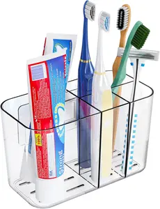 Toothbrush Holder for Bathroom Countertop and Wall Mounted with Adhesive,5 Slots Family Size Clear Tooth Brush and Paste Holder & Stand,Cute Kids Tooth Rush Holders and Toothpaste Organizer Set Kitchen