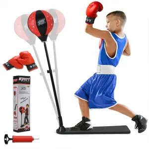 Kids Adjustable Boxing Set with Stable Stand & Boxing Gloves, Height Adjustable Inflatable Punching Reflex Bag with Pump, Fun Indoor Outdoor Training Gear for Boys Girls Fitness
