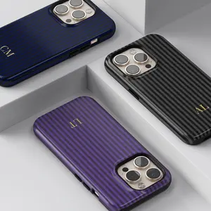 Cute Minimalist Burgundy Stripes Hybrid Smartphone Case - Gold Monogram Personalized Initials Cover, Shockproof Handheld Cellphone Accessory for iPhone 17, 16, 15, 14 & Mobile Devices