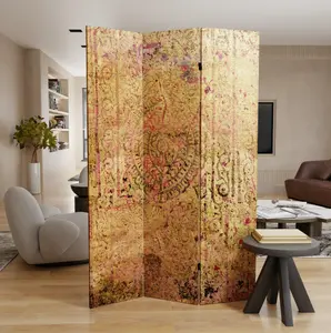 Golden Hour Canvas 6 ft. Tall Double Sided Room Divider - 15.75"W x 1"D x 71"H with Layered Red and Gold Design, Reversible Two Way Hinges, Ideal for Indoor Use
