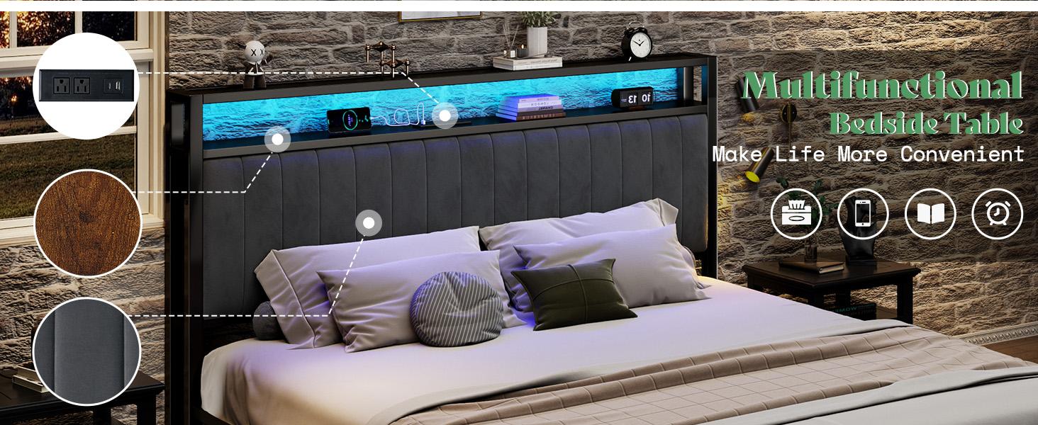 [Black Bed WITHOUT Foldable Ottoman] AMERLIFE TWO Different Bed Frames, Metal Bed with Foldable Ottoman, Velvet Upholstered Headboard/Metal Bed with PU Leather Headboard/ Both Including LED Lights, Charging Station,Storage Shelves