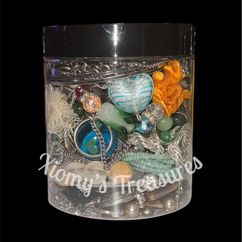 Xiomys Clear Plastic Jewelry Organizer Jar with Lid for Storage and Display Featuring Necklaces Bracelets Bangles Earrings Rings in Mixed Metal Tones