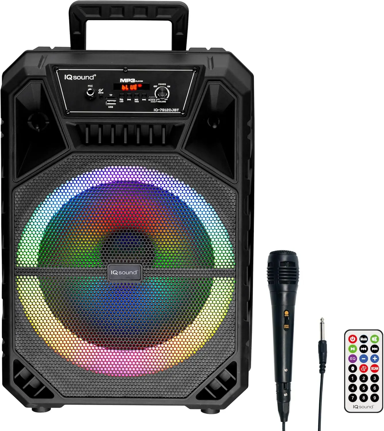 Supersonic IQ Sound IQ-7912DJBT 12" Portable Bluetooth Audio Speaker with TWS LED Light Show, FM Radio, Remote Control, USB Cable, Rechargeable Battery, Mic for Parties, Home Entertainment