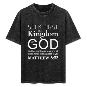 Retro Christian Scripture Washed T-Shirt, Matthew 6:33 Seek First God's Kingdom Graphic Tee, Casual Oversized Streetwear, Ideal for Church, Daily Casual and Gift for Christian Faith Lovers & Bible Study Enthusiasts